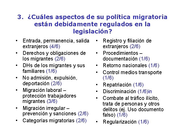 3. ¿Cuáles aspectos de su política migratoria están debidamente regulados en la legislación? •