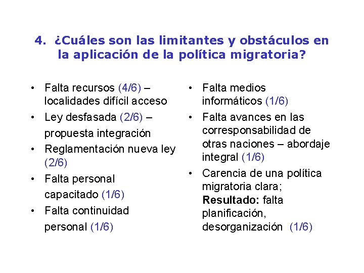 4. ¿Cuáles son las limitantes y obstáculos en la aplicación de la política migratoria?