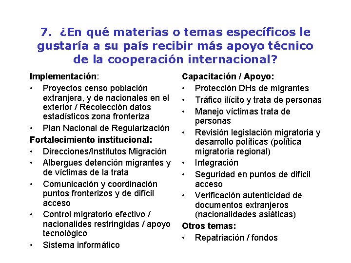 7. ¿En qué materias o temas específicos le gustaría a su país recibir más