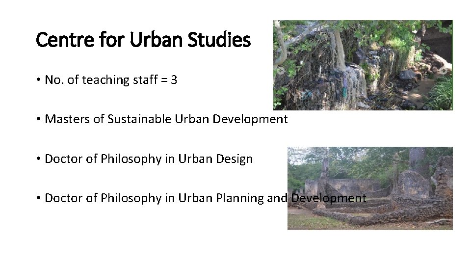 Centre for Urban Studies • No. of teaching staff = 3 • Masters of