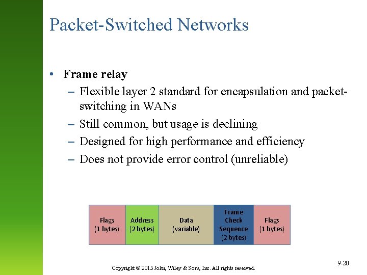 Packet-Switched Networks • Frame relay – Flexible layer 2 standard for encapsulation and packetswitching