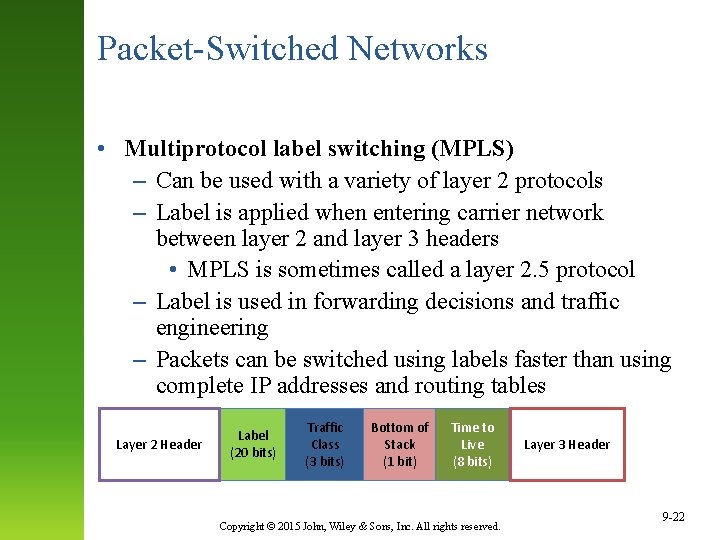 Packet-Switched Networks • Multiprotocol label switching (MPLS) – Can be used with a variety