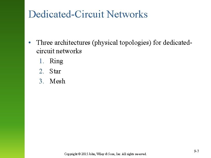 Dedicated-Circuit Networks • Three architectures (physical topologies) for dedicatedcircuit networks 1. Ring 2. Star