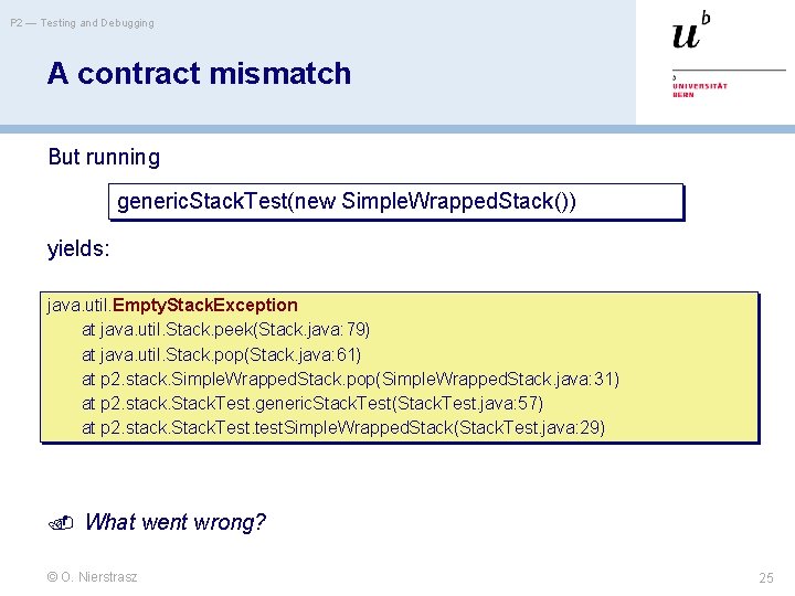 P 2 — Testing and Debugging A contract mismatch But running generic. Stack. Test(new