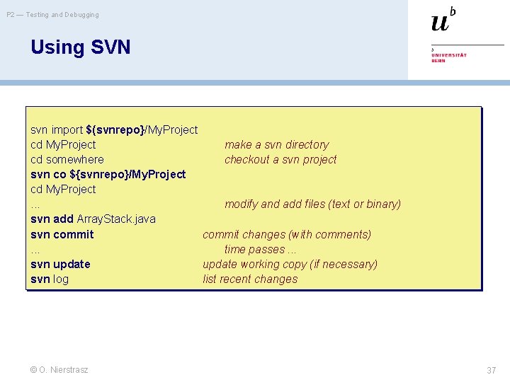 P 2 — Testing and Debugging Using SVN svn import $(svnrepo}/My. Project cd My.