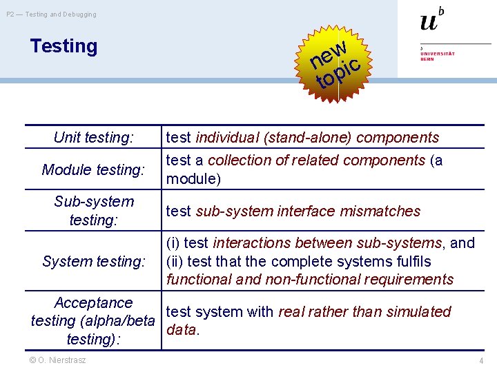 P 2 — Testing and Debugging Testing w e n ic top Unit testing: