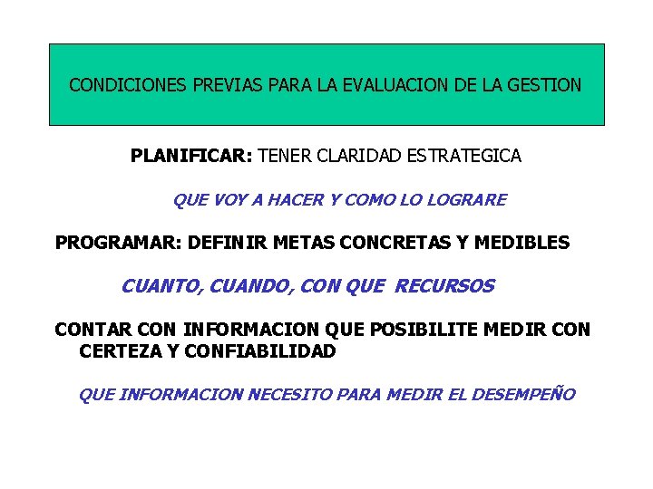 CONDICIONES PREVIAS PARA LA EVALUACION DE LA GESTION PLANIFICAR: TENER CLARIDAD ESTRATEGICA QUE VOY