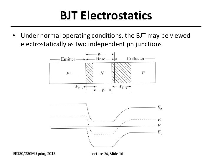 BJT Electrostatics • Under normal operating conditions, the BJT may be viewed electrostatically as