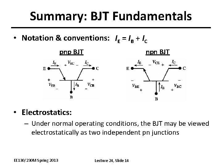 Summary: BJT Fundamentals • Notation & conventions: IE = IB + IC pnp BJT