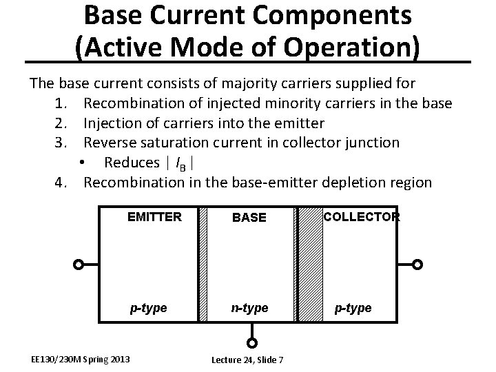 Base Current Components (Active Mode of Operation) The base current consists of majority carriers