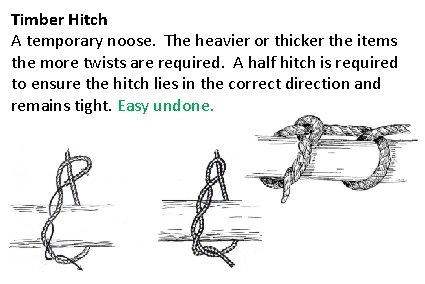 Timber Hitch A temporary noose. The heavier or thicker the items the more twists