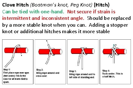 Clove Hitch (Boatman’s knot, Peg Knot) (Hitch) Can be tied with one-hand. Not secure