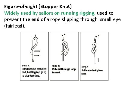Figure-of-eight (Stopper Knot) Widely used by sailors on running rigging. used to prevent the
