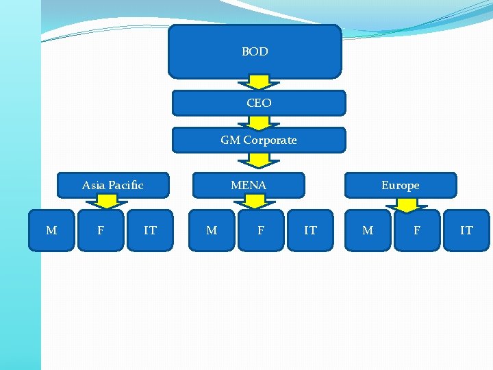 BOD CEO GM Corporate Asia Pacific M F MENA IT M F Europe IT