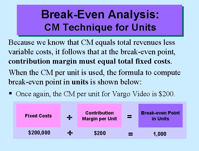 Break-Even Analysis: CM Technique for Units Because we know that CM equals total revenues