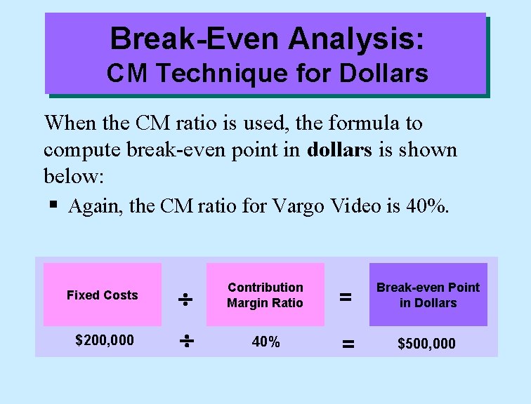 Break-Even Analysis: CM Technique for Dollars When the CM ratio is used, the formula