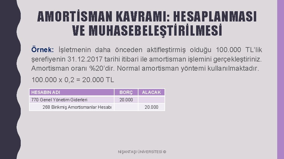 AMORTİSMAN KAVRAMI: HESAPLANMASI VE MUHASEBELEŞTİRİLMESİ Örnek: İşletmenin daha önceden aktifleştirmiş olduğu 100. 000 TL’lik