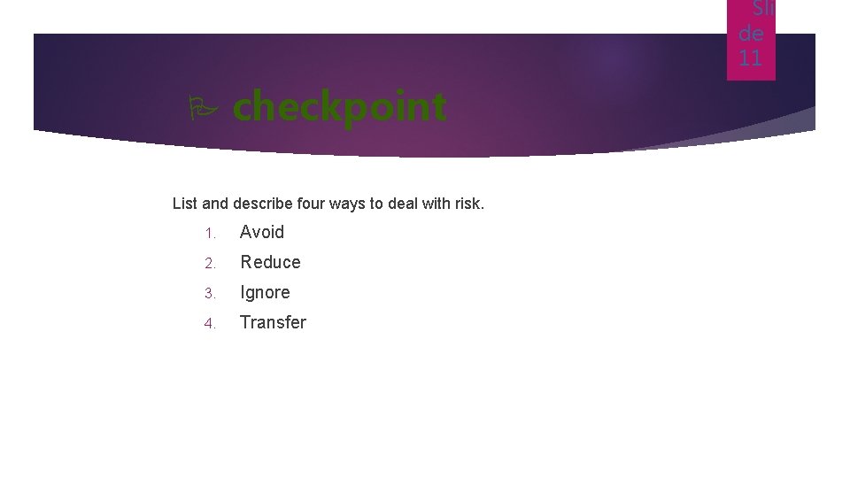 Sli de 11 P checkpoint List and describe four ways to deal with risk.