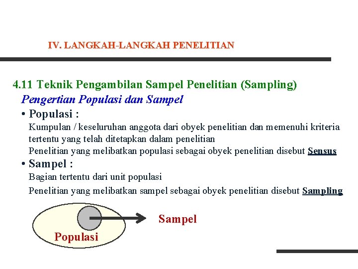 IV. LANGKAH-LANGKAH PENELITIAN 4. 11 Teknik Pengambilan Sampel Penelitian (Sampling) Pengertian Populasi dan Sampel IV. LANGKAH-LANGKAH PENELITIAN 4. 11 Teknik Pengambilan Sampel Penelitian (Sampling) Pengertian Populasi dan Sampel