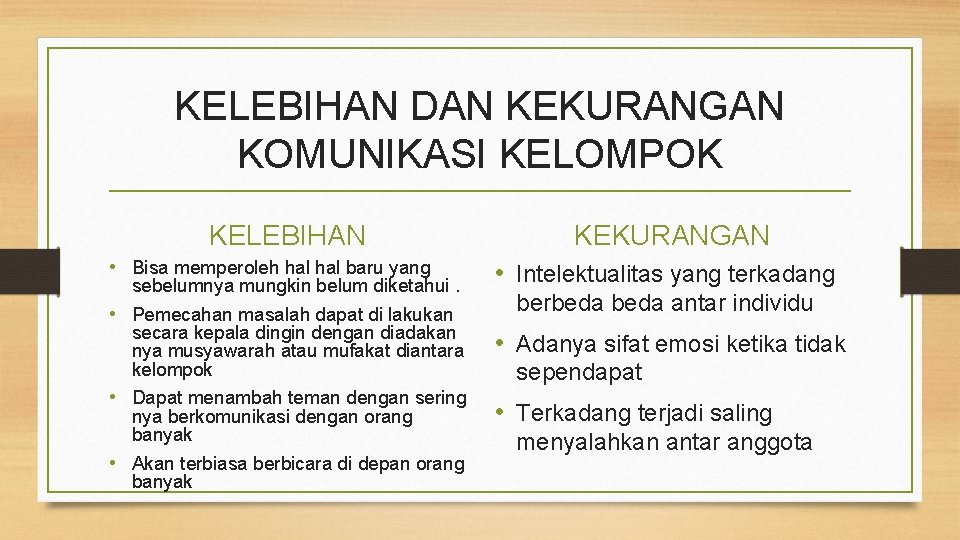 KELEBIHAN DAN KEKURANGAN KOMUNIKASI KELOMPOK KELEBIHAN • Bisa memperoleh hal baru yang sebelumnya mungkin