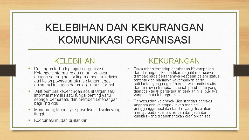 KELEBIHAN DAN KEKURANGAN KOMUNIKASI ORGANISASI KELEBIHAN • Dukungan terhadap tujuan organisasi Kelompok informal pada