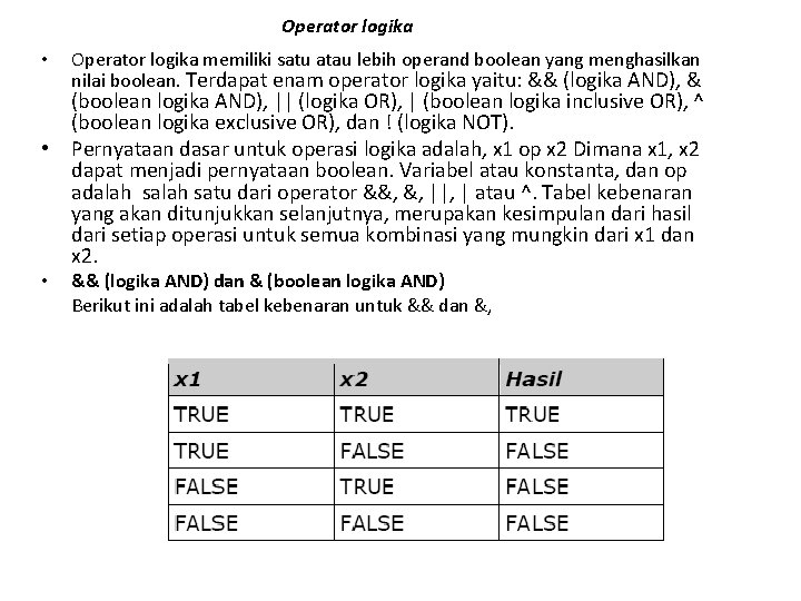 Operator logika • Operator logika memiliki satu atau lebih operand boolean yang menghasilkan nilai Operator logika • Operator logika memiliki satu atau lebih operand boolean yang menghasilkan nilai