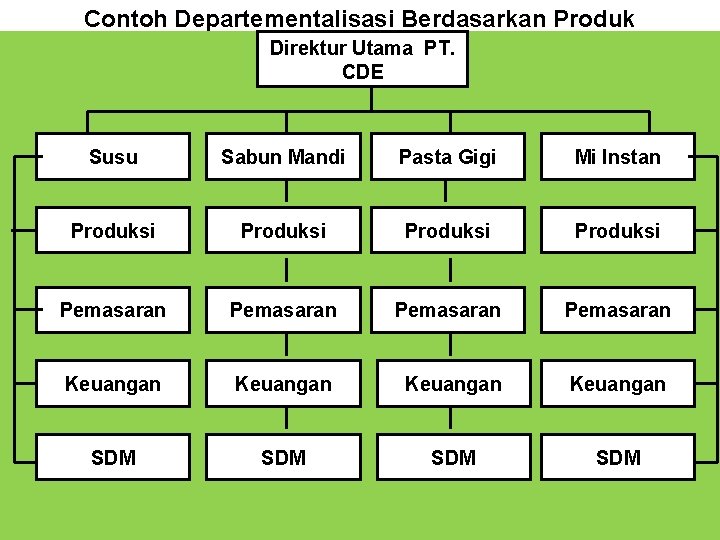 Gambar : Contoh Departementalisasi Berdasarkan Produk Direktur Utama PT. CDE Susu Sabun Mandi Pasta