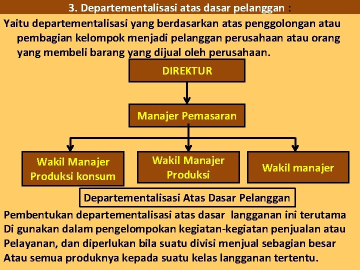 3. Departementalisasi atas dasar pelanggan : Yaitu departementalisasi yang berdasarkan atas penggolongan atau pembagian