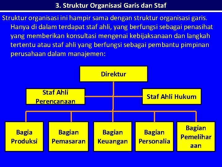 3. Struktur Organisasi Garis dan Staf Struktur organisasi ini hampir sama dengan struktur organisasi