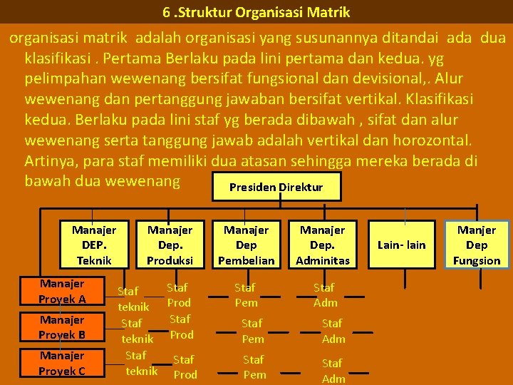 6. Struktur Organisasi Matrik organisasi matrik adalah organisasi yang susunannya ditandai ada dua klasifikasi.