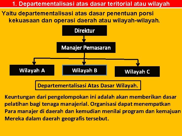 1. Departementalisasi atas dasar teritorial atau wilayah Yaitu departementalisasi atas dasar penentuan porsi kekuasaan