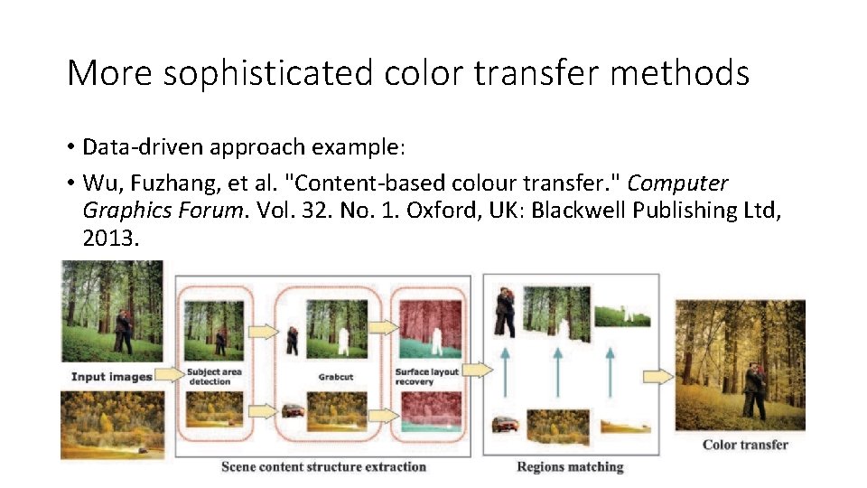 More sophisticated color transfer methods • Data‐driven approach example: • Wu, Fuzhang, et al.