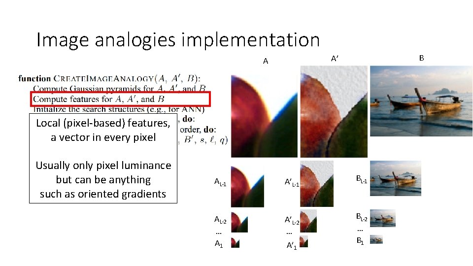 Image analogies implementation B A’ A Local (pixel‐based) features, a vector in every pixel