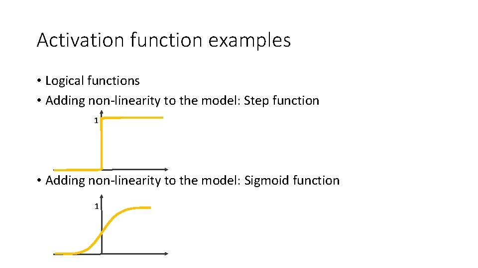 Activation function examples • Logical functions • Adding non‐linearity to the model: Step function