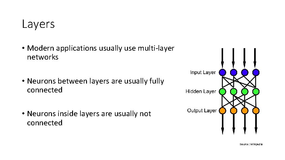 Layers • Modern applications usually use multi‐layer networks • Neurons between layers are usually