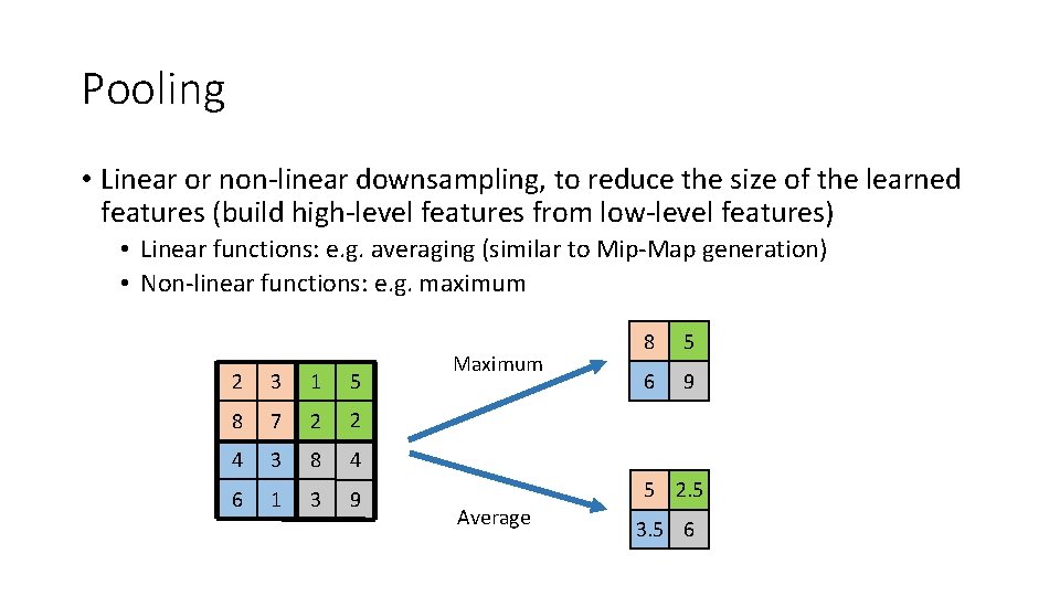 Pooling • Linear or non‐linear downsampling, to reduce the size of the learned features