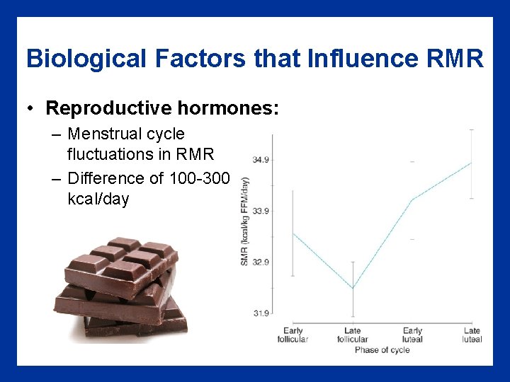 Biological Factors that Influence RMR • Reproductive hormones: – Menstrual cycle fluctuations in RMR