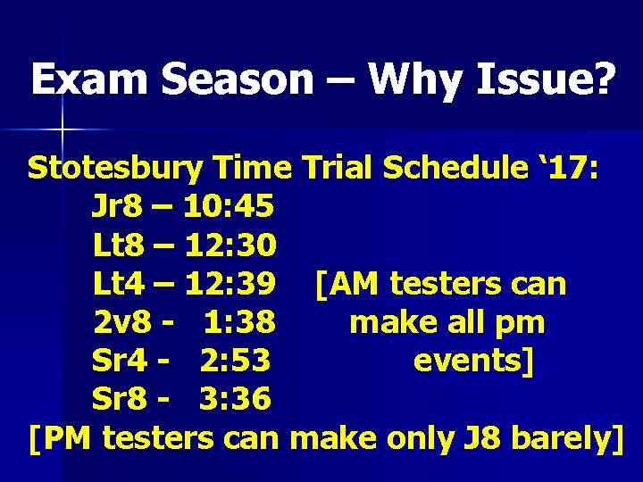 Exam Season – Why Issue? Stotesbury Time Trial Schedule ‘ 17: Jr 8 –