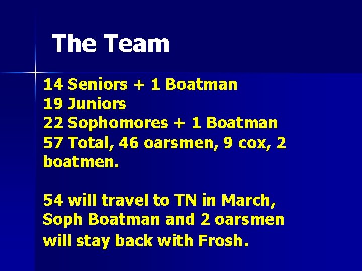 The Team 14 Seniors + 1 Boatman 19 Juniors 22 Sophomores + 1 Boatman