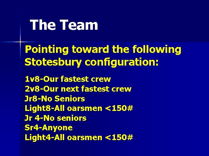 The Team Pointing toward the following Stotesbury configuration: 1 v 8 -Our fastest crew