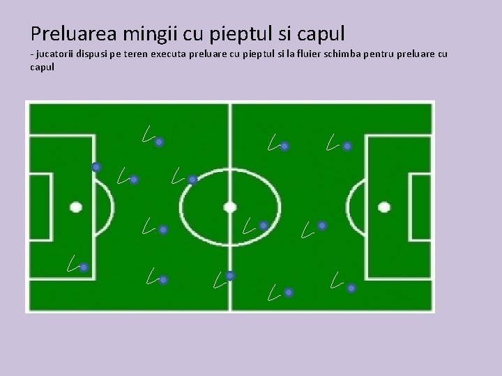 Preluarea mingii cu pieptul si capul - jucatorii dispusi pe teren executa preluare cu Preluarea mingii cu pieptul si capul - jucatorii dispusi pe teren executa preluare cu