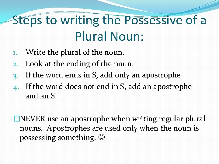 Steps to writing the Possessive of a Plural Noun: 1. 2. 3. 4. Write