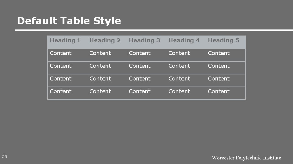 Default Table Style 25 Heading 1 Heading 2 Heading 3 Heading 4 Heading 5