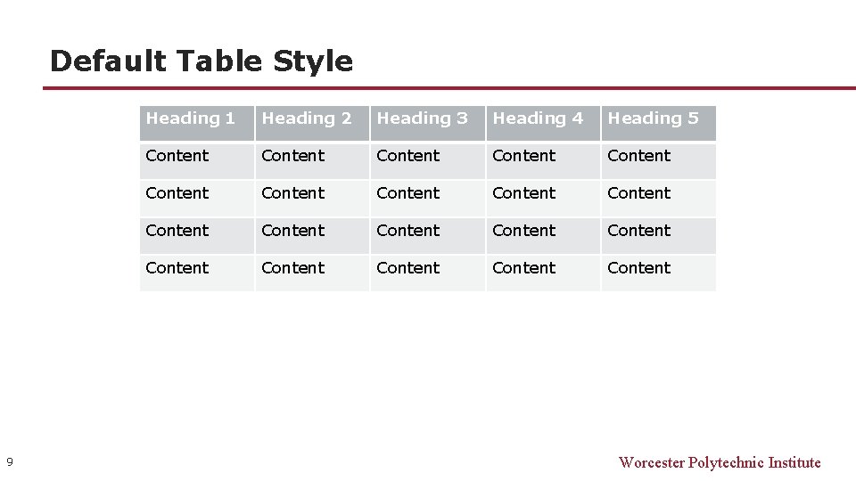 Default Table Style 9 Heading 1 Heading 2 Heading 3 Heading 4 Heading 5