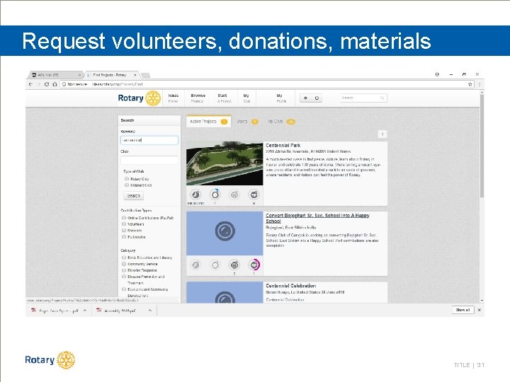 Request volunteers, donations, materials TITLE | 31 