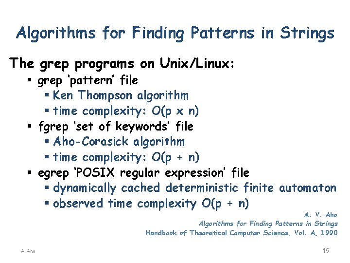 Algorithms for Finding Patterns in Strings The grep programs on Unix/Linux: § grep ‘pattern’