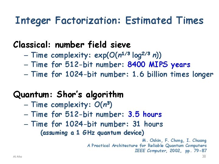 Integer Factorization: Estimated Times Classical: number field sieve – Time complexity: exp(O(n 1/3 log