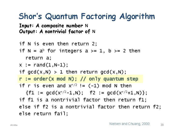 Shor’s Quantum Factoring Algorithm Input: A composite number N Output: A nontrivial factor of