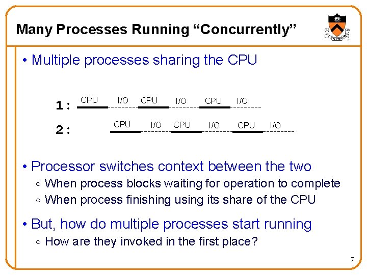 Many Processes Running “Concurrently” • Multiple processes sharing the CPU 1: 2: CPU I/O