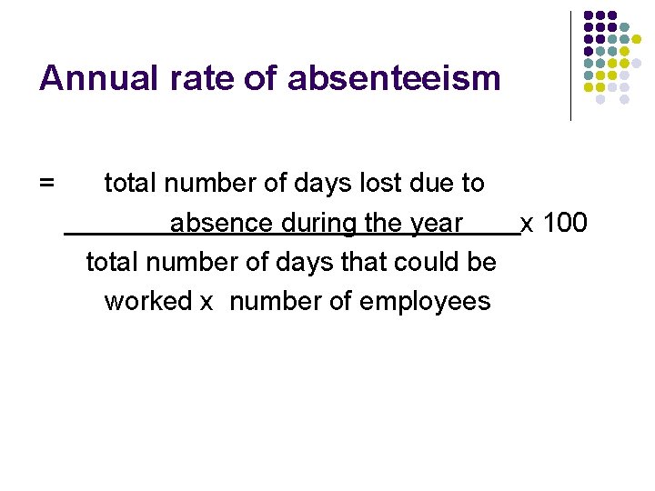 Annual rate of absenteeism = total number of days lost due to absence during